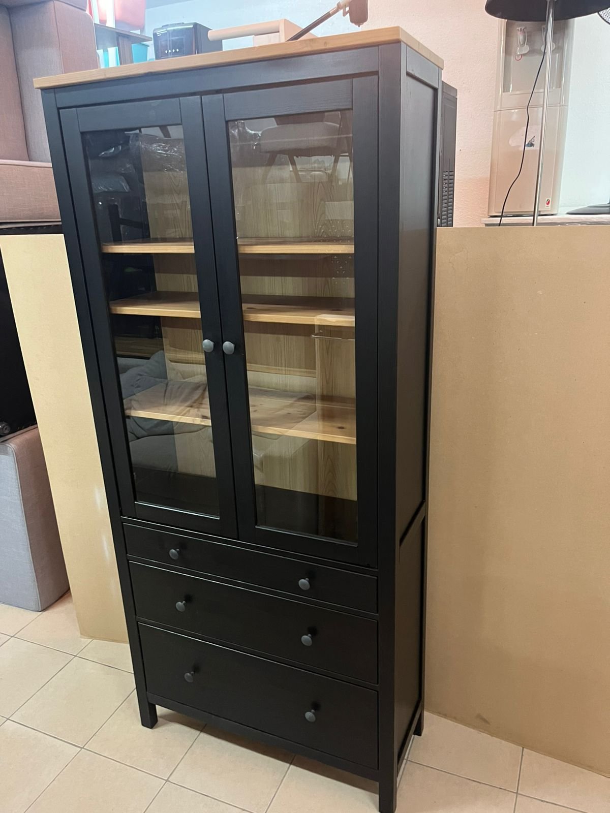 Glass-door wardrobe with 3 drawers, black-brown/light brown - Image 2