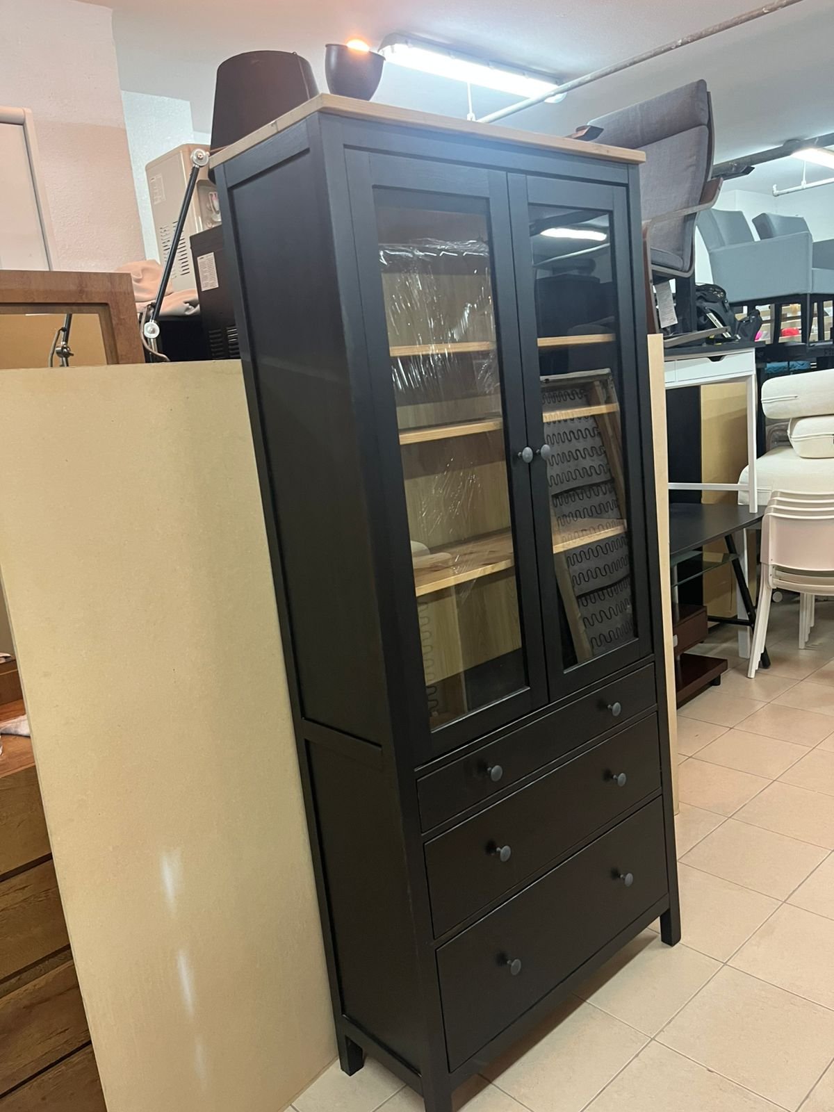 Glass-door wardrobe with 3 drawers, black-brown/light brown - Image 3