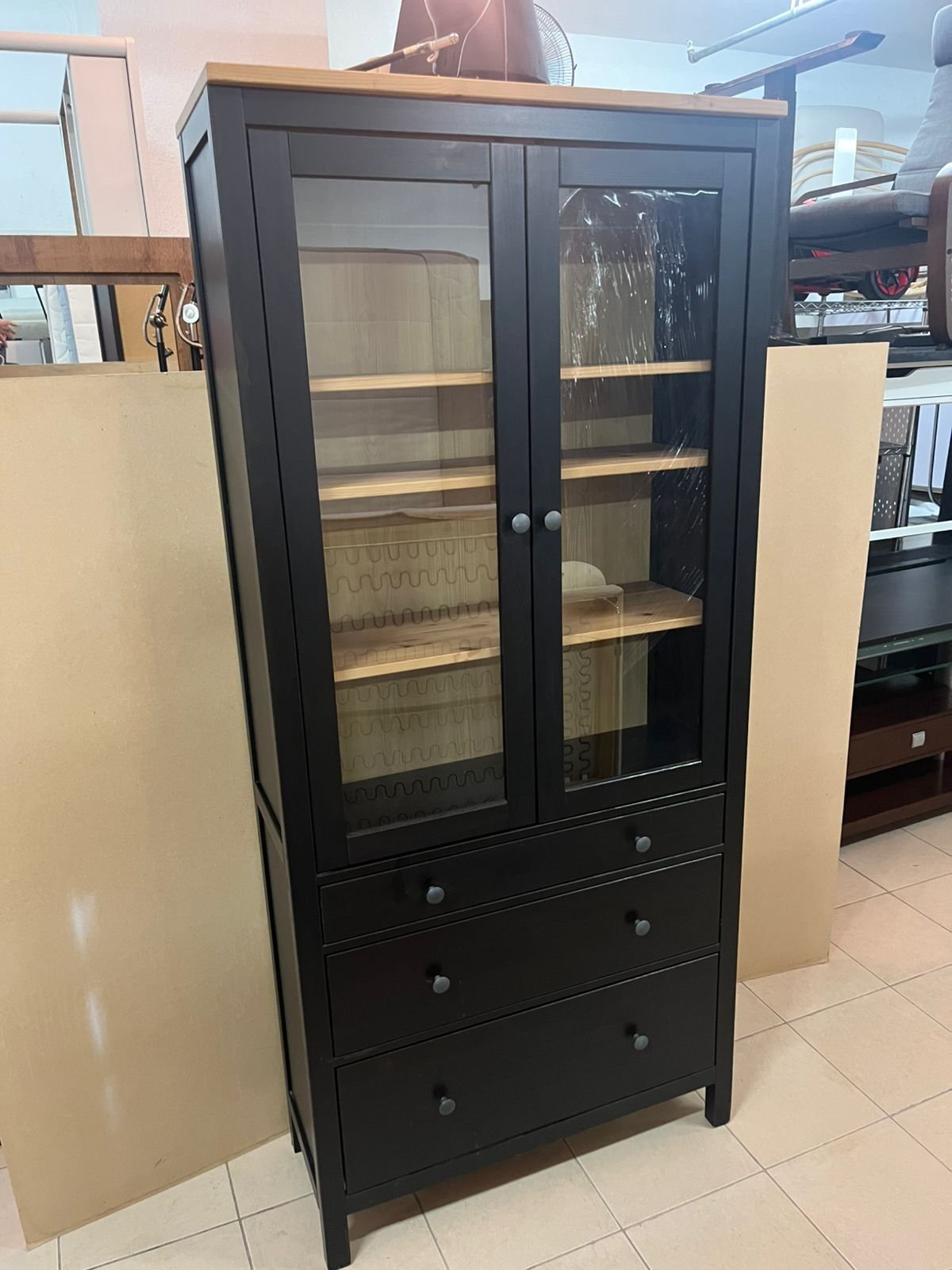 Glass-door wardrobe with 3 drawers, black-brown/light brown