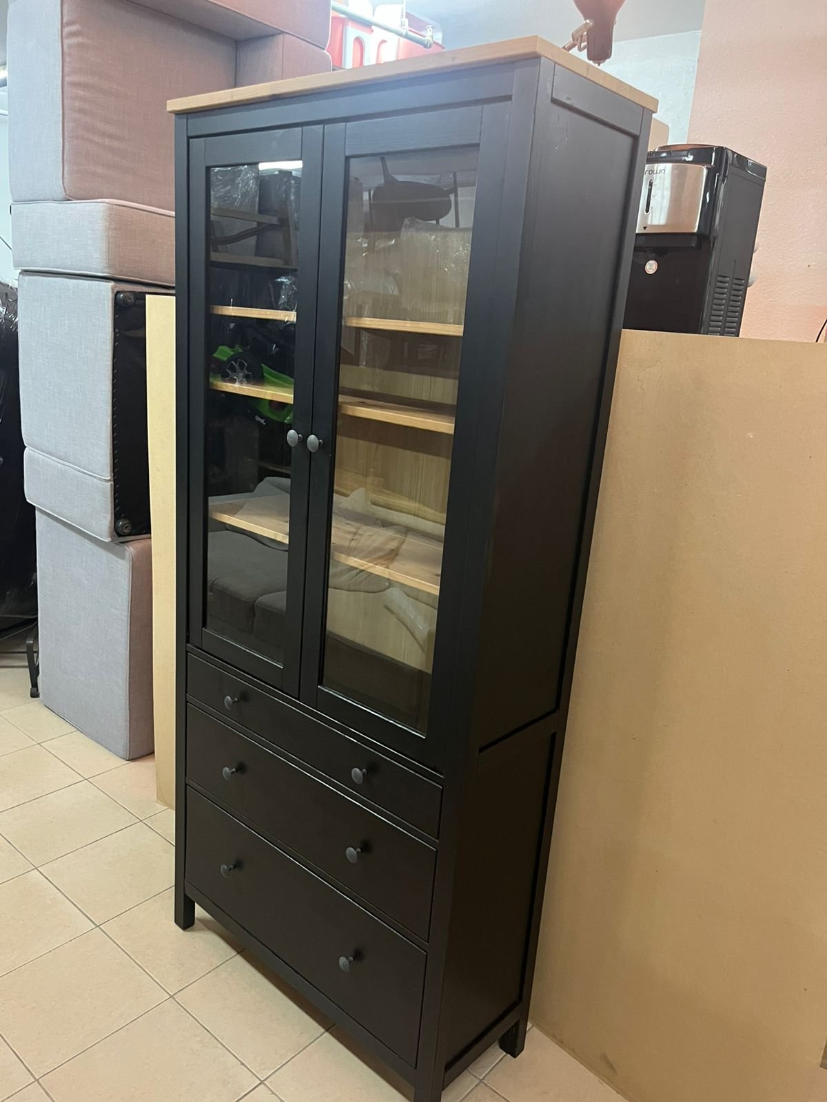 Glass-door wardrobe with 3 drawers, black-brown/light brown - Image 5