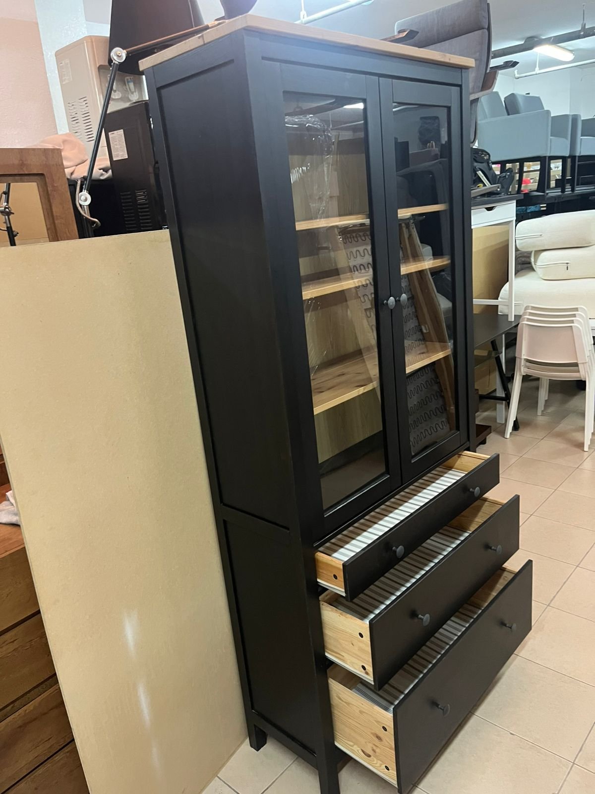 Glass-door wardrobe with 3 drawers, black-brown/light brown - Image 6