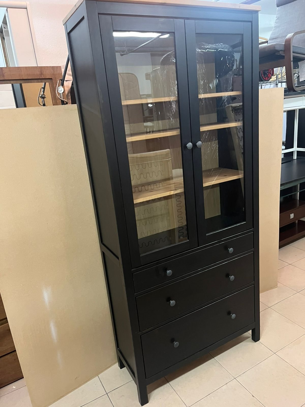 Glass-door wardrobe with 3 drawers, black-brown/light brown - Image 7