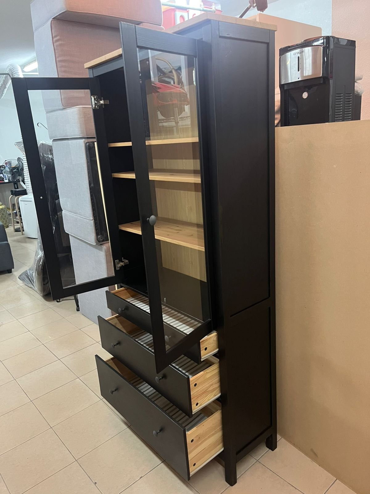 Glass-door wardrobe with 3 drawers, black-brown/light brown - Image 9