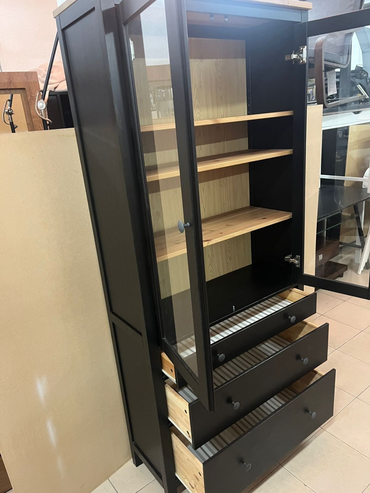 Glass-door wardrobe with 3 drawers, black-brown/light brown - Image 10