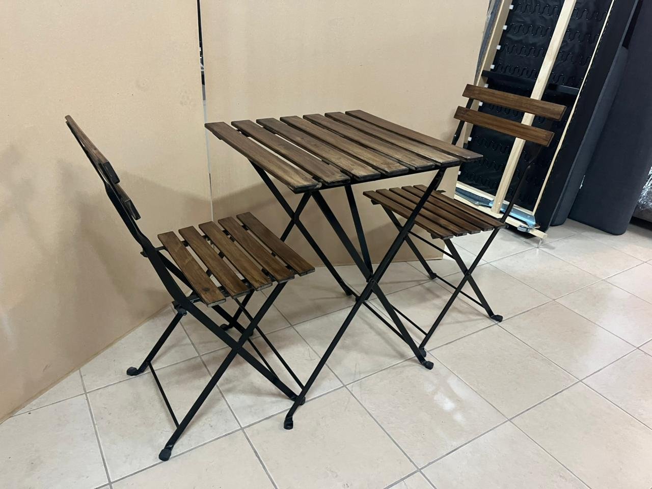 Table+2 chairs, outdoor, black/light brown stained