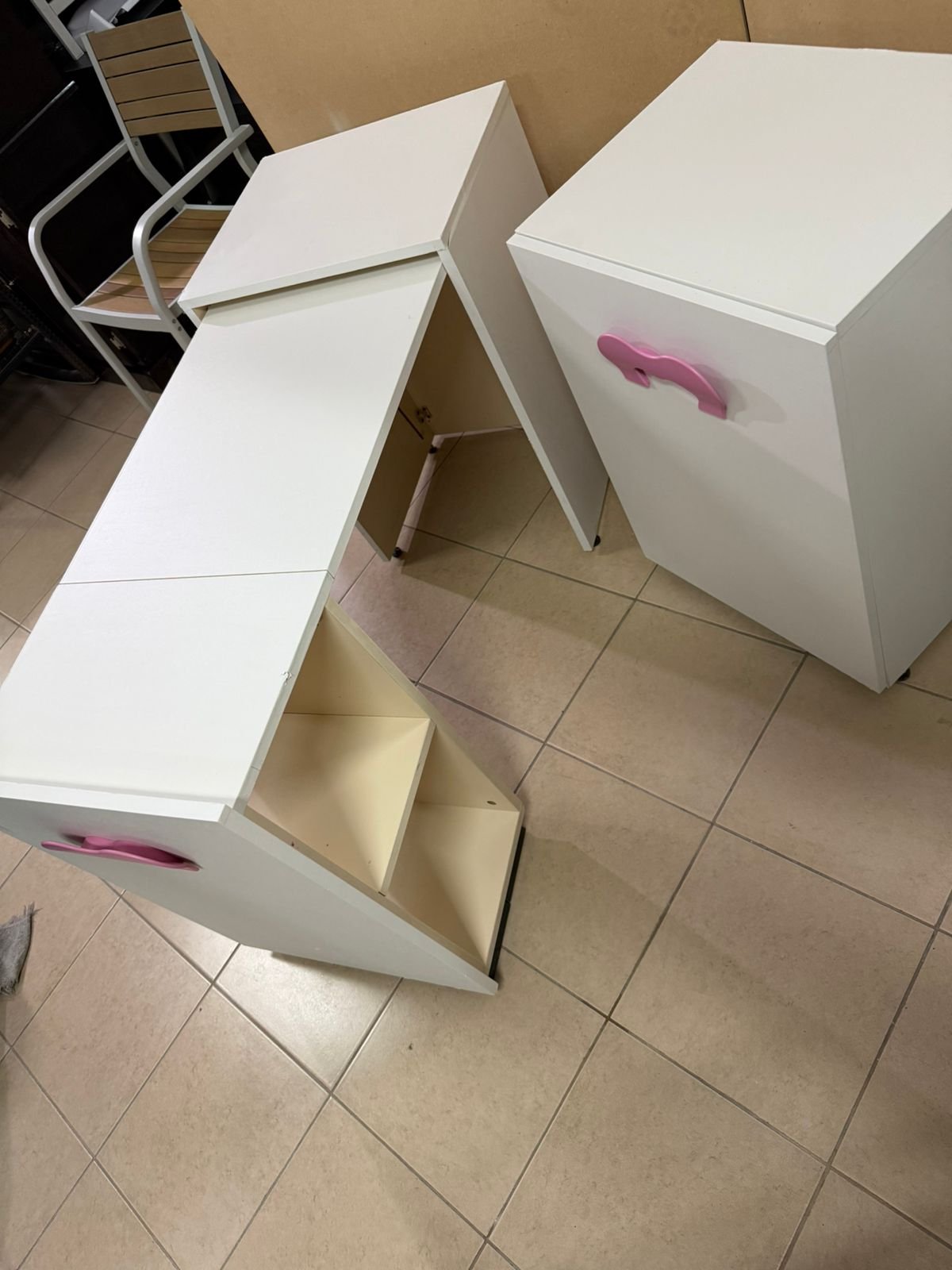 A white children's study desk with pink handles, featuring a foldable - Image 3