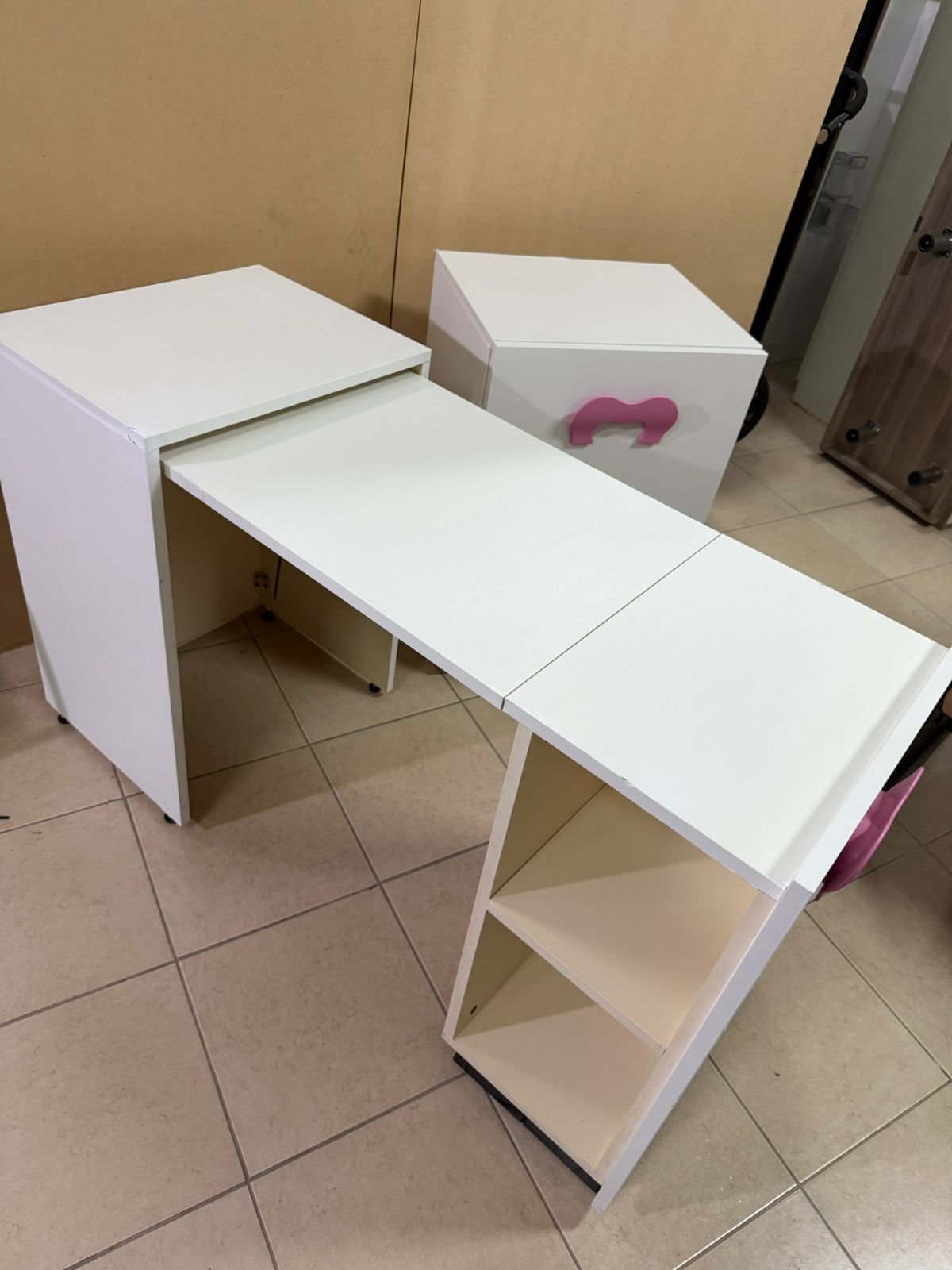 A white children's study desk with pink handles, featuring a foldable - Image 4