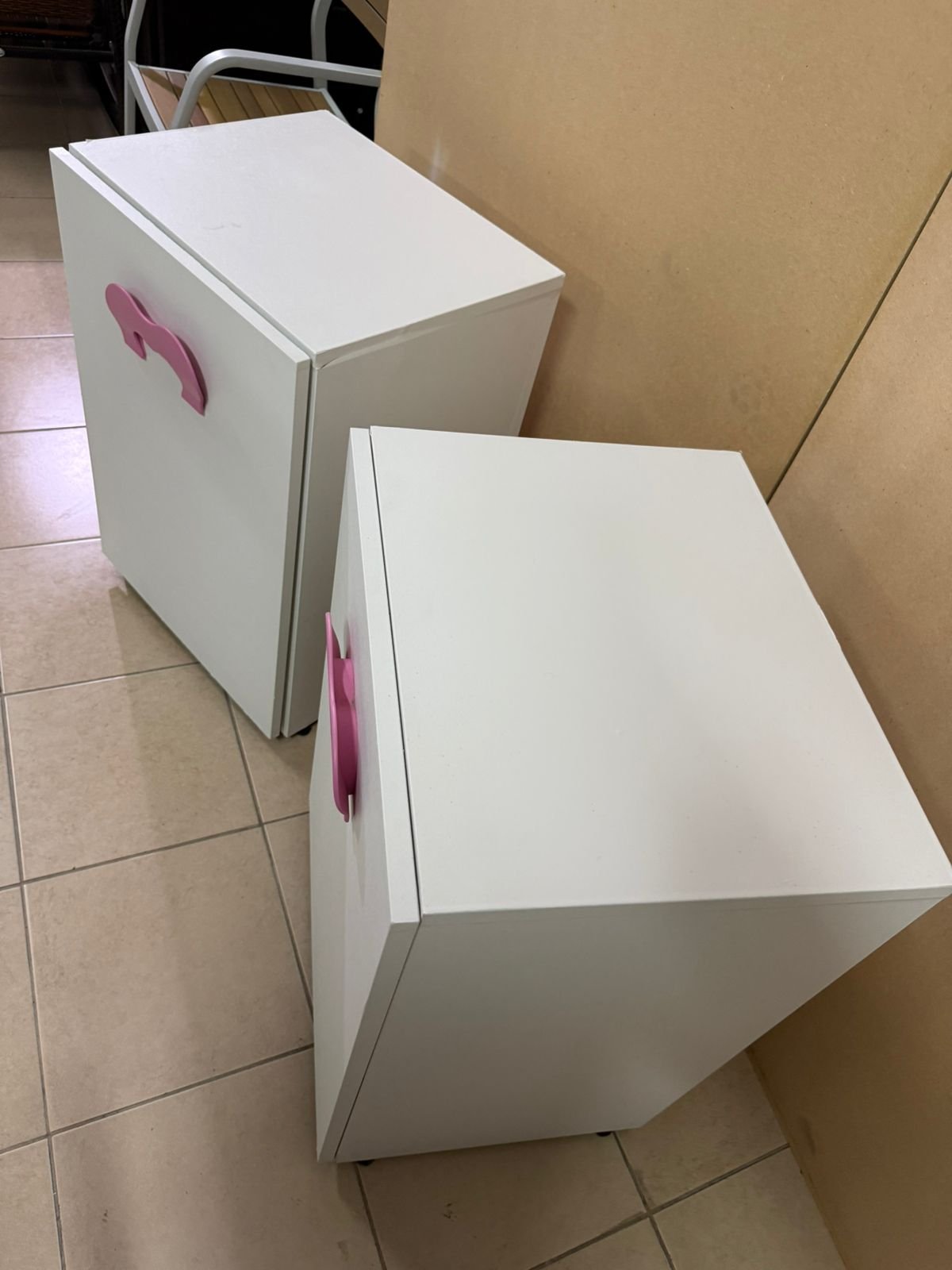 A white children's study desk with pink handles, featuring a foldable - Image 8