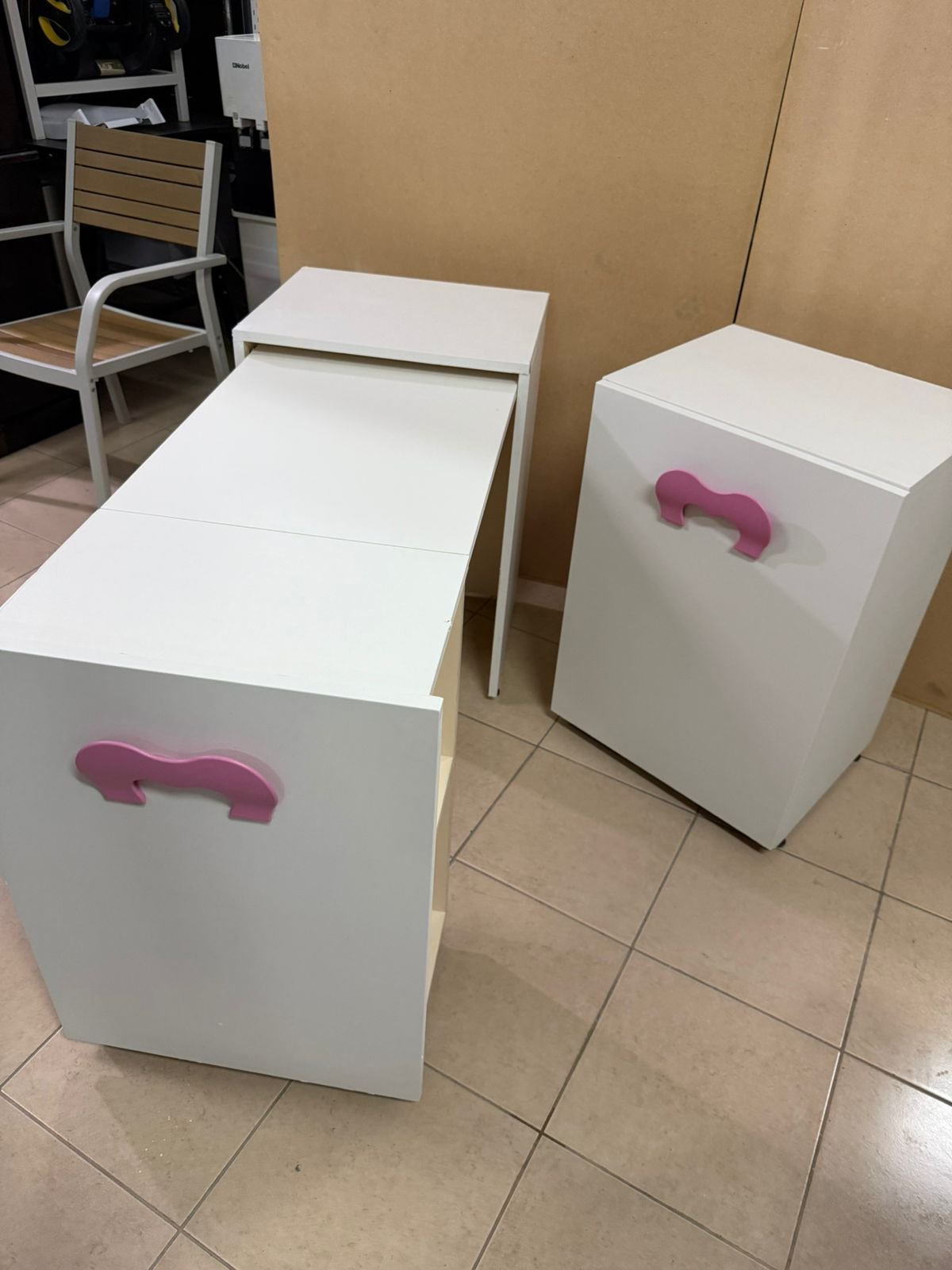 A white children's study desk with pink handles, featuring a foldable - Image 11