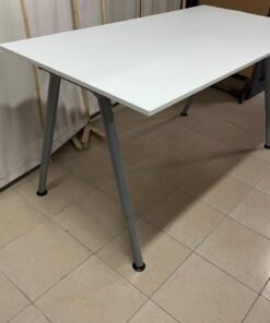 White rectangular office desk with adjustable silver metal legs