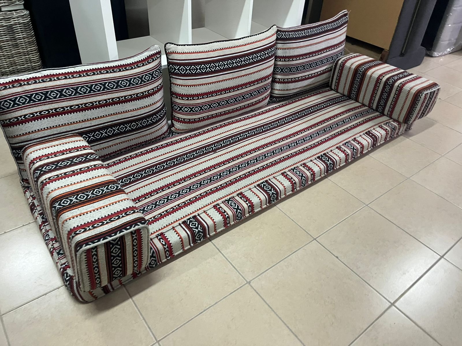 Floor sofa set in a traditional Arabic majlis design with a Sadu pattern
