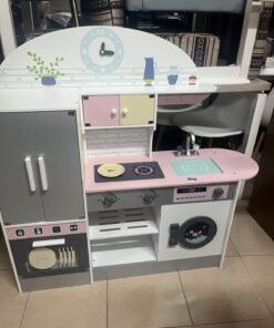 Large wooden kitchen with oven and refrigerator for boys and girls
