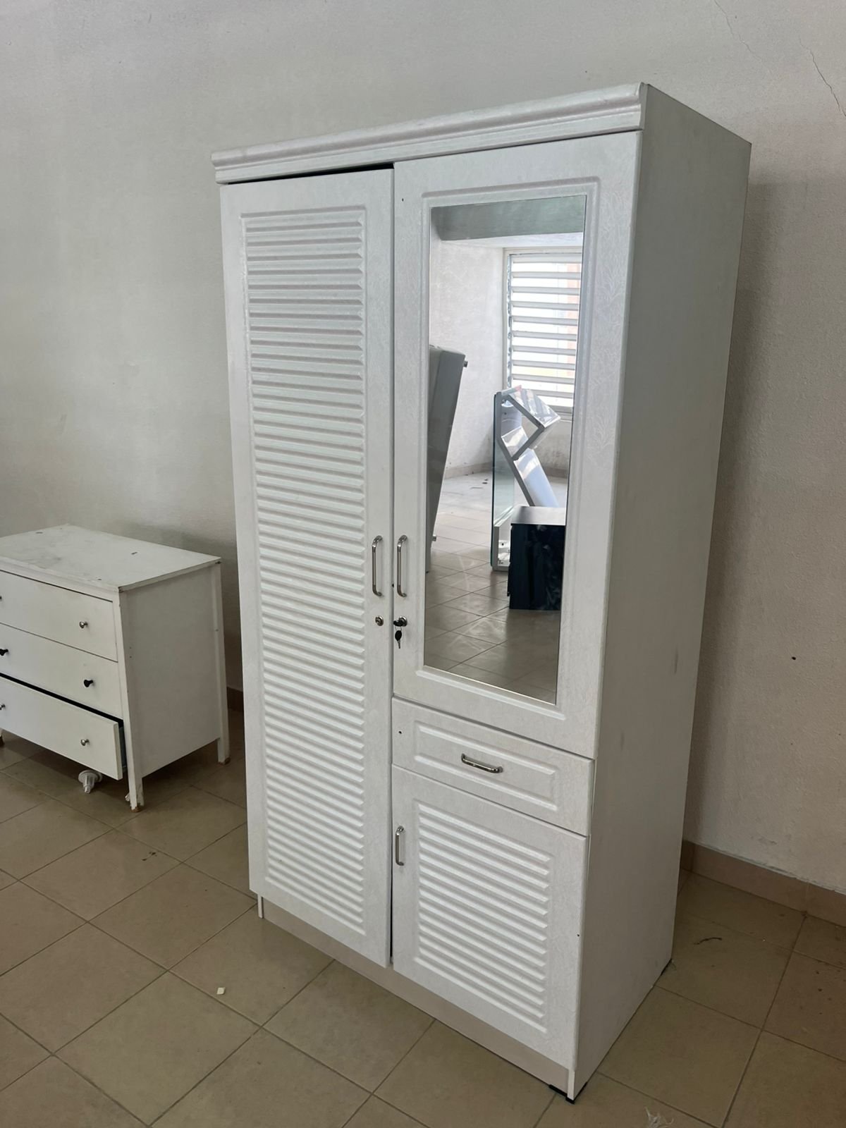 White two-door wardrobe with mirror and drawer - Image 2