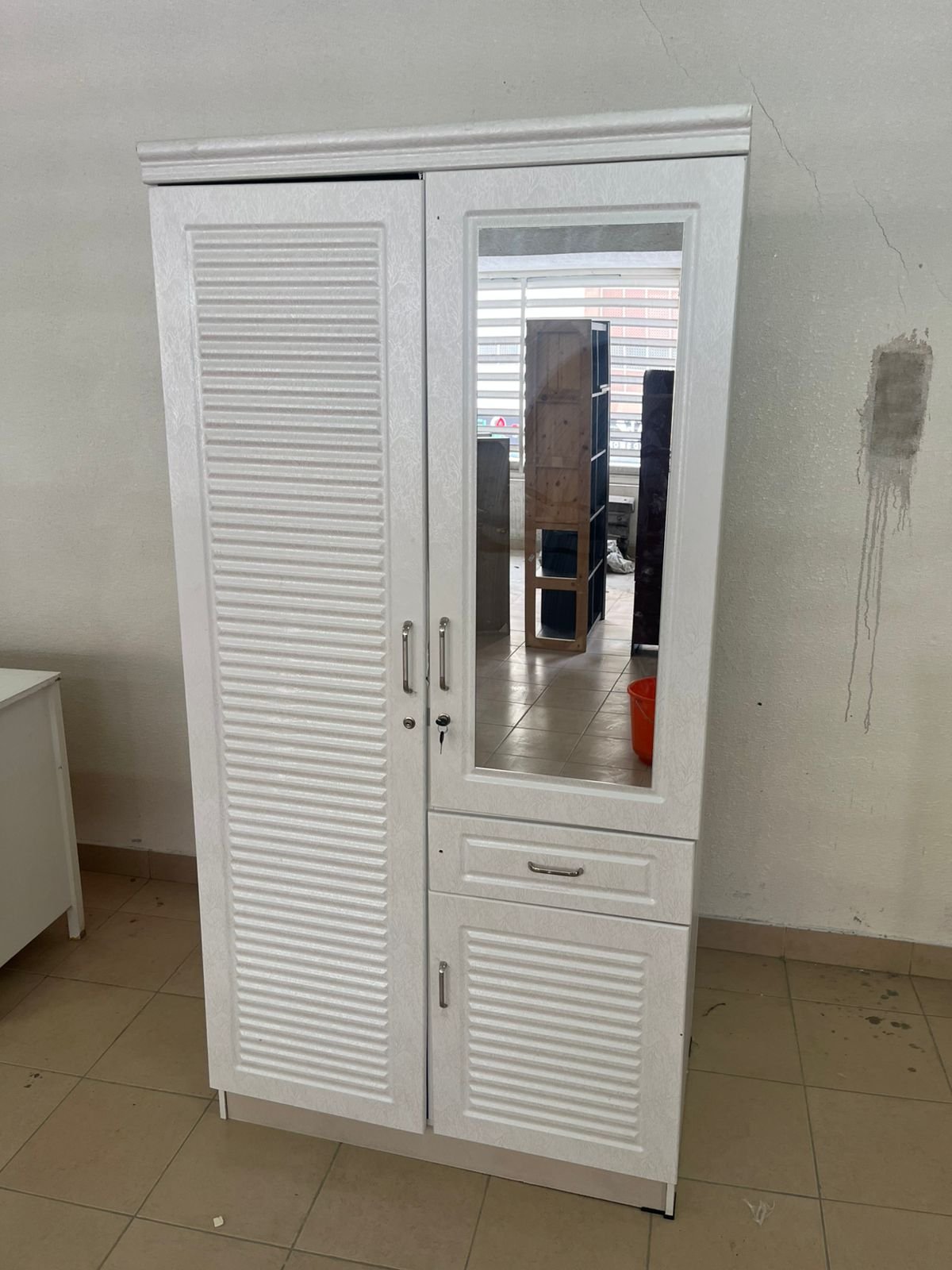 White two-door wardrobe with mirror and drawer - Image 3