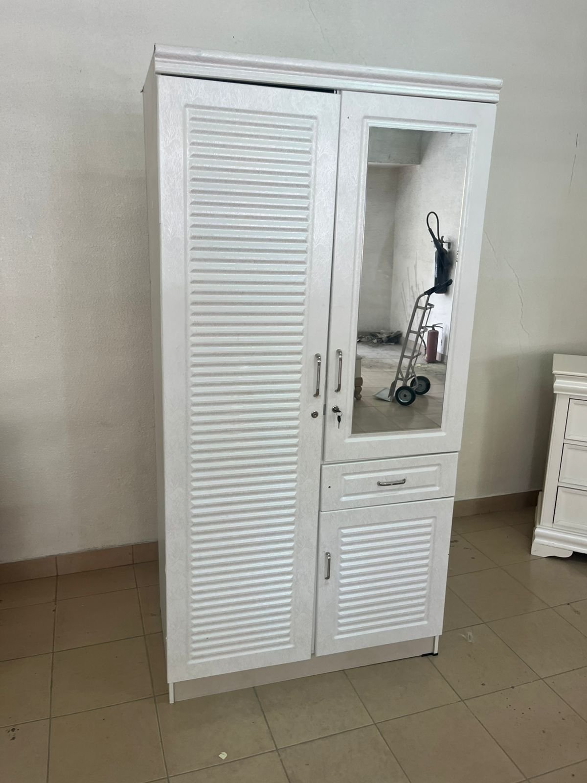 White two-door wardrobe with mirror and drawer - Image 6