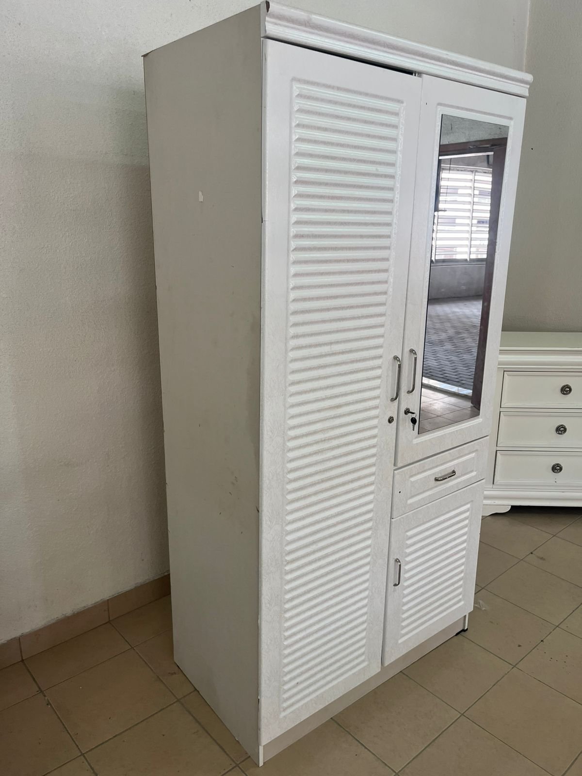 White two-door wardrobe with mirror and drawer - Image 7