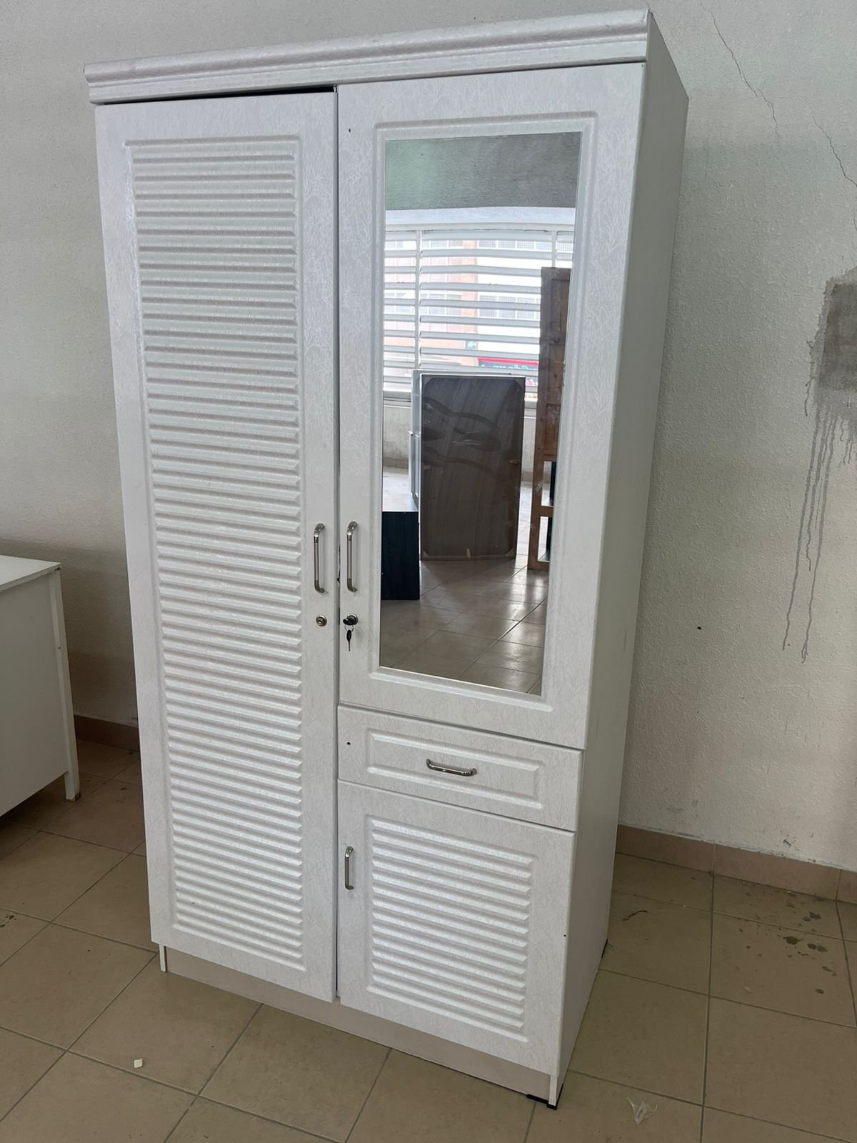 White two-door wardrobe with mirror and drawer - Image 9