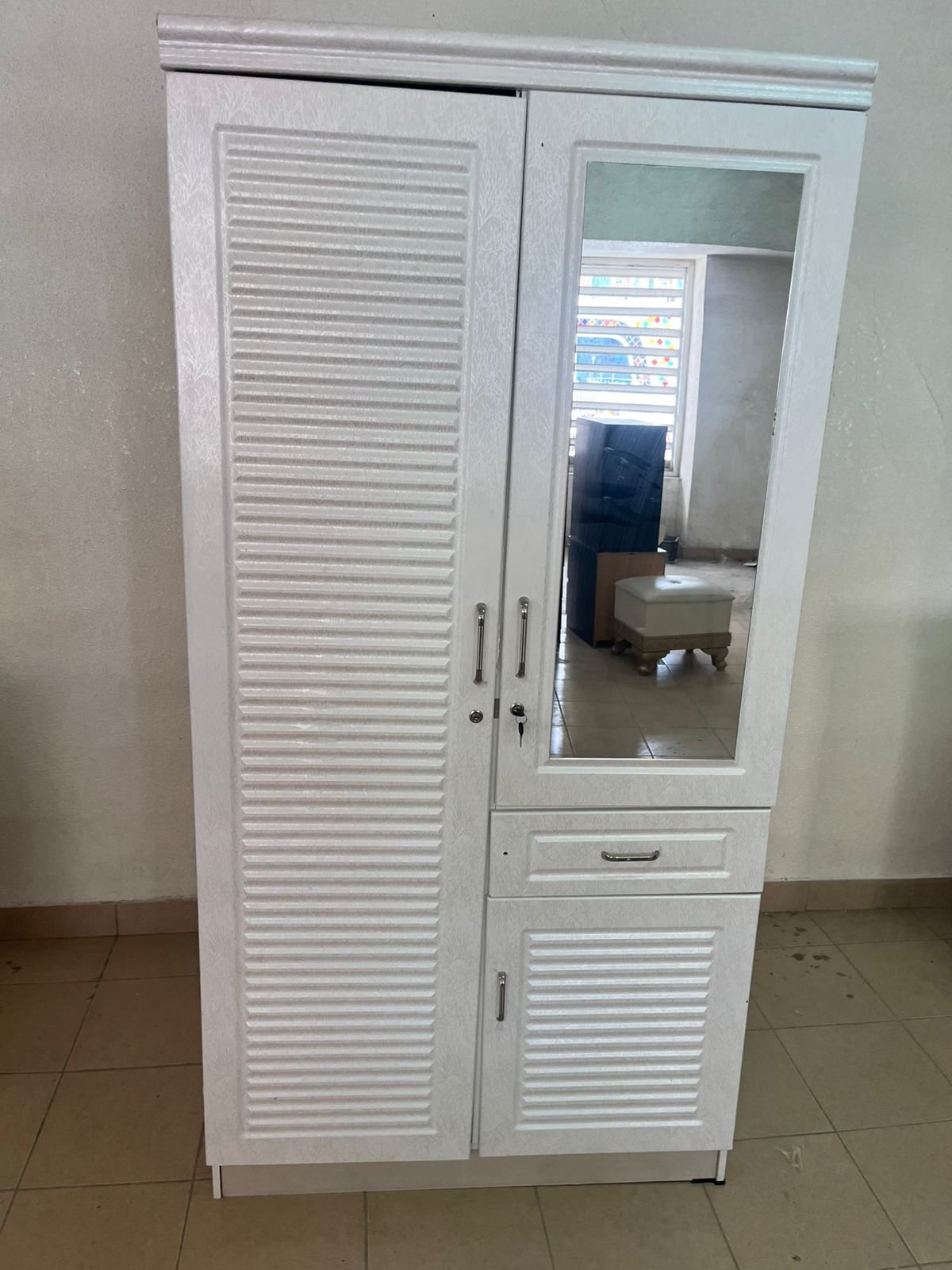White two-door wardrobe with mirror and drawer - Image 10