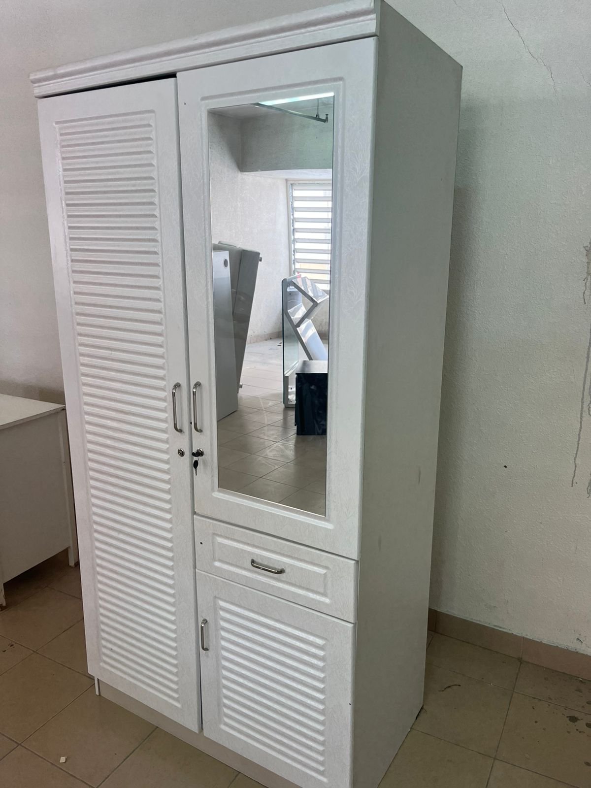 White two-door wardrobe with mirror and drawer - Image 11
