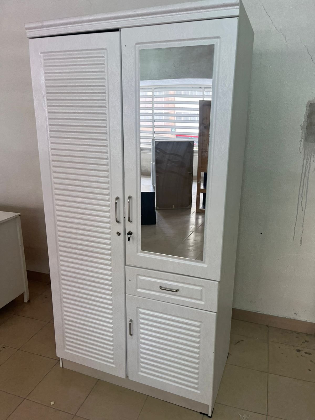 White two-door wardrobe with mirror and drawer - Image 12