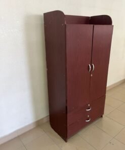 Two-door, two-drawer wooden wardrobe in mahogany color