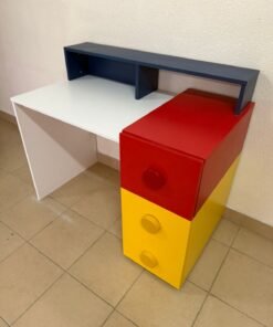 A study desk with a colorful cube design resembling Lego bricks.