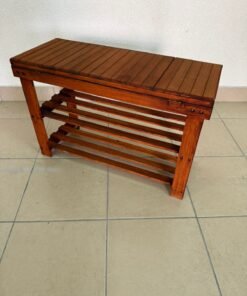 A modern wooden shoe storage bench