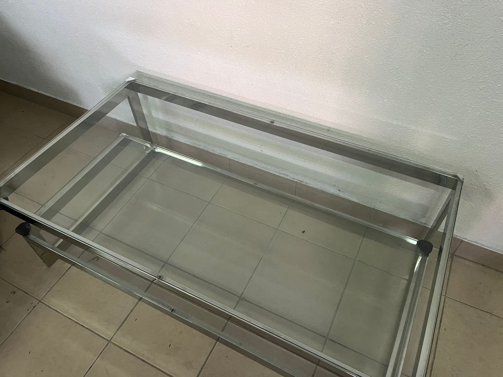 A chrome-plated coffee table with two thick glass shelves. French made. - Image 2