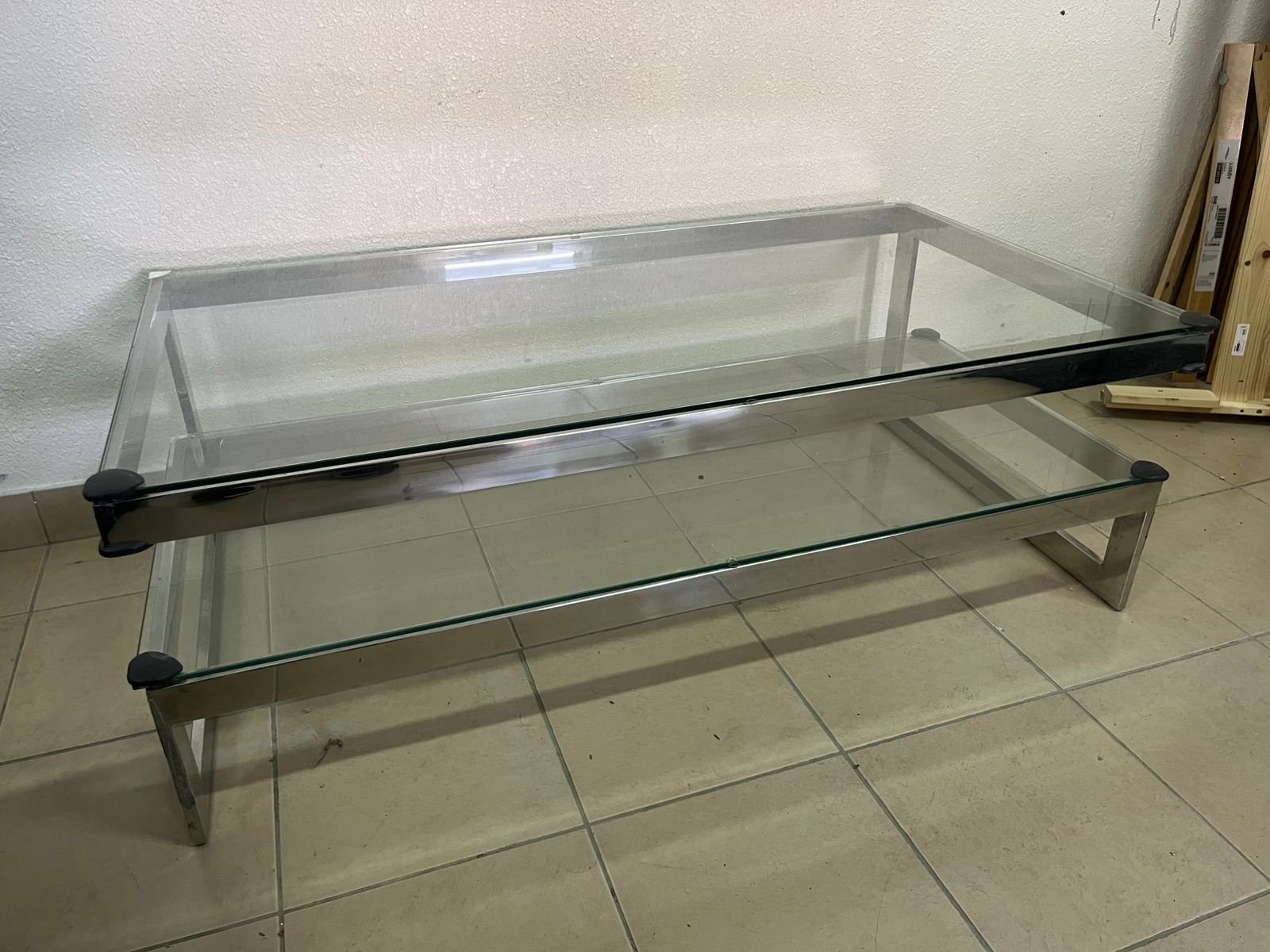 A chrome-plated coffee table with two thick glass shelves. French made. - Image 4