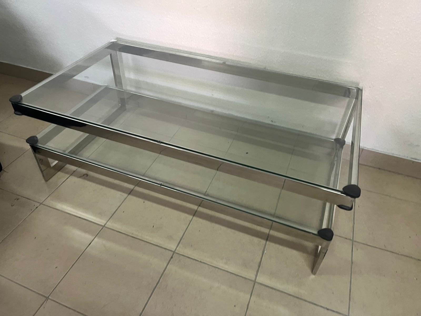 A chrome-plated coffee table with two thick glass shelves. French made. - Image 5