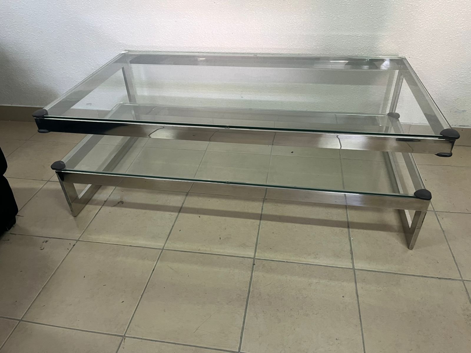 A chrome-plated coffee table with two thick glass shelves. French made. - Image 6