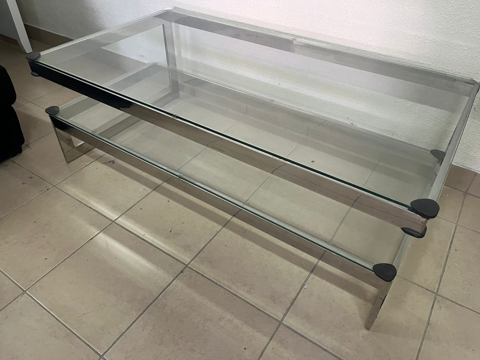 A chrome-plated coffee table with two thick glass shelves. French made. - Image 7