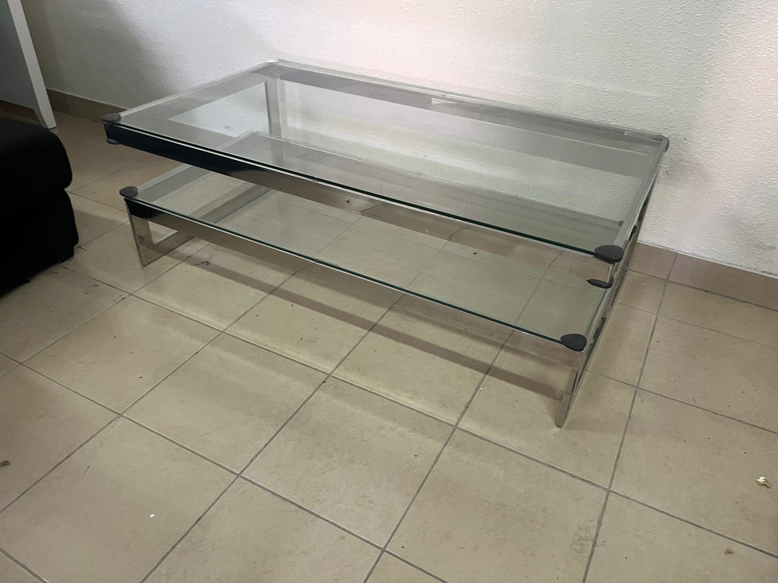 A chrome-plated coffee table with two thick glass shelves. French made. - Image 8