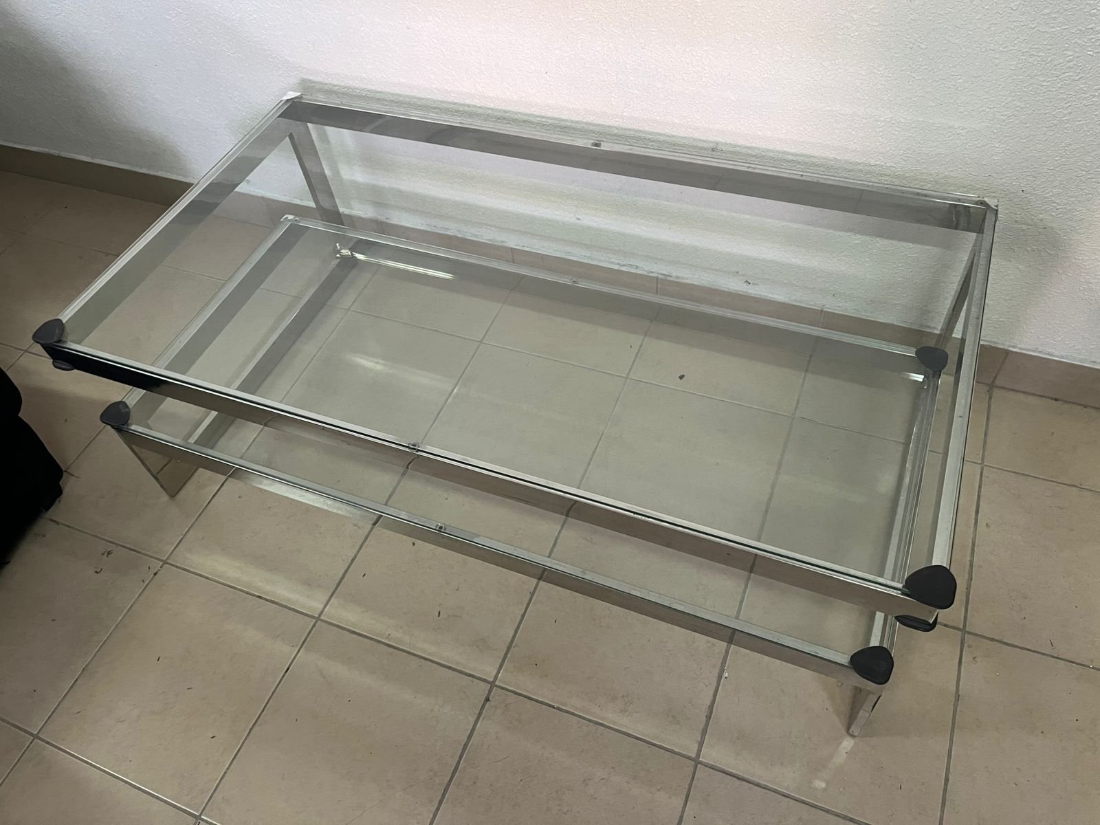 A chrome-plated coffee table with two thick glass shelves. French made. - Image 9