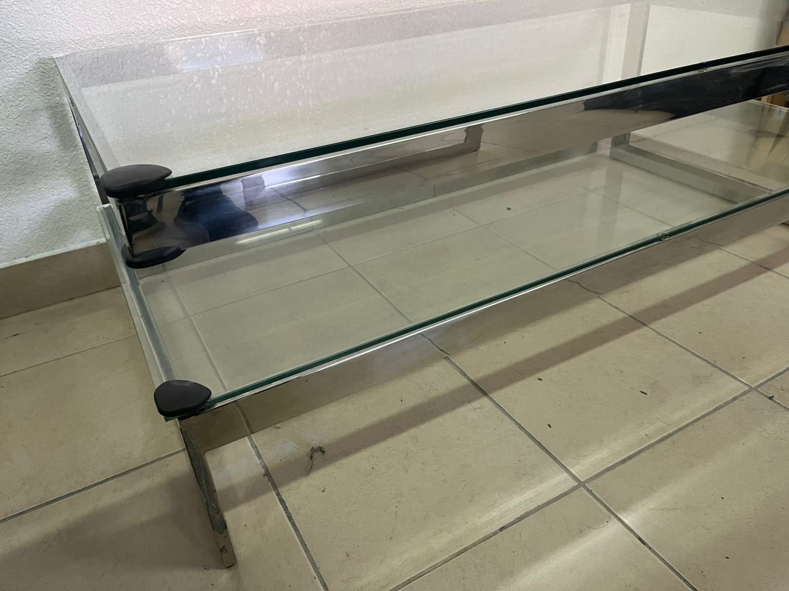 A chrome-plated coffee table with two thick glass shelves. French made. - Image 10