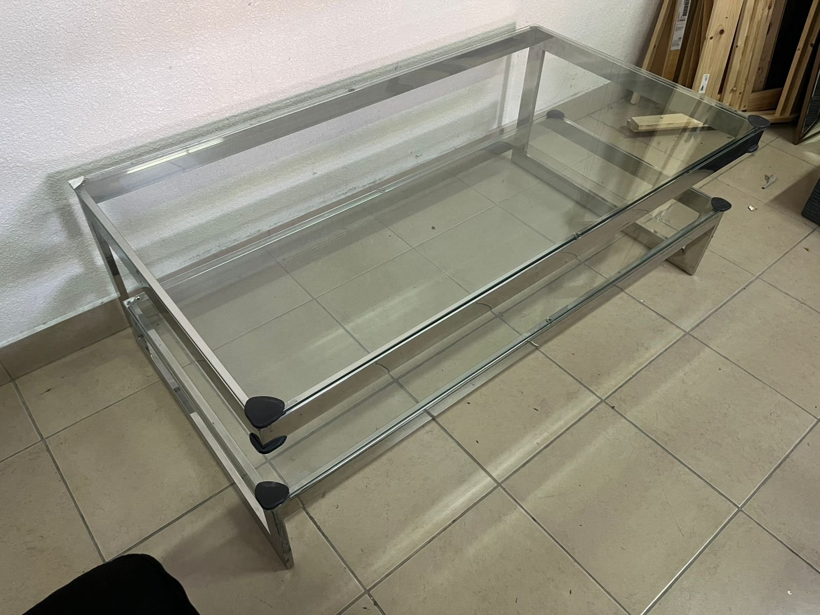 A chrome-plated coffee table with two thick glass shelves. French made. - Image 11