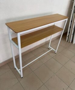 A modern design console table with two levels, featuring a metal frame and a wooden top.
