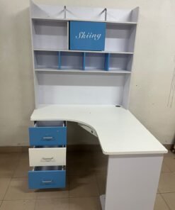 White and blue children's study desk with overhead storage and drawers
