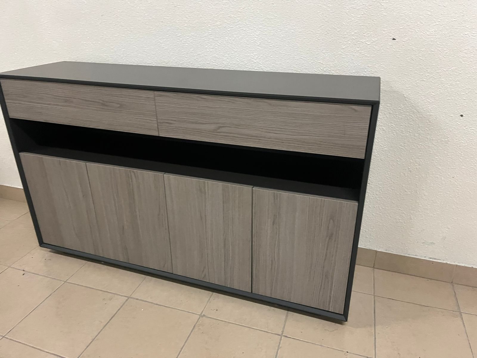 Modern buffet with a low-profile design and gray wood finish - Image 2