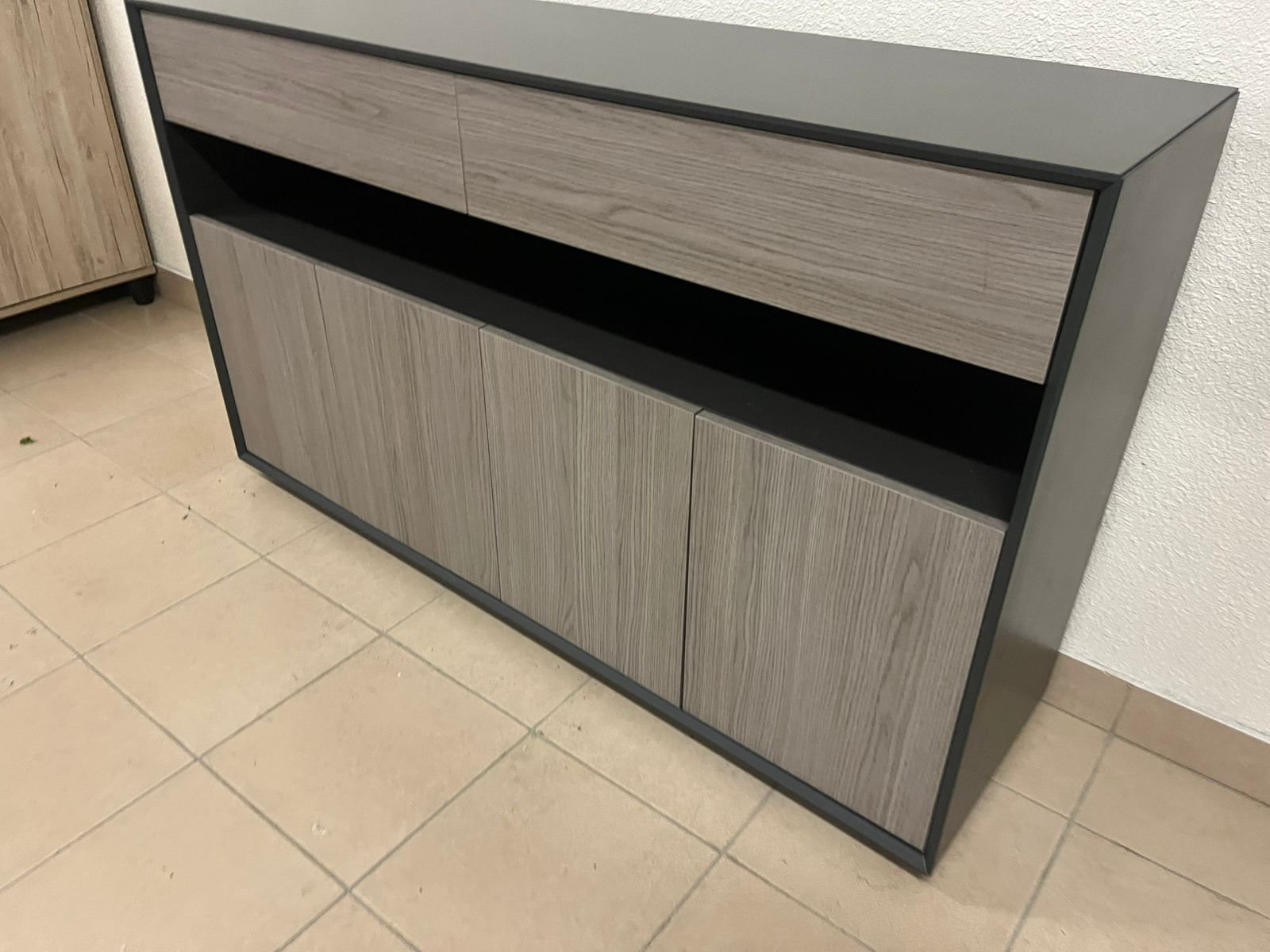 Modern buffet with a low-profile design and gray wood finish - Image 4