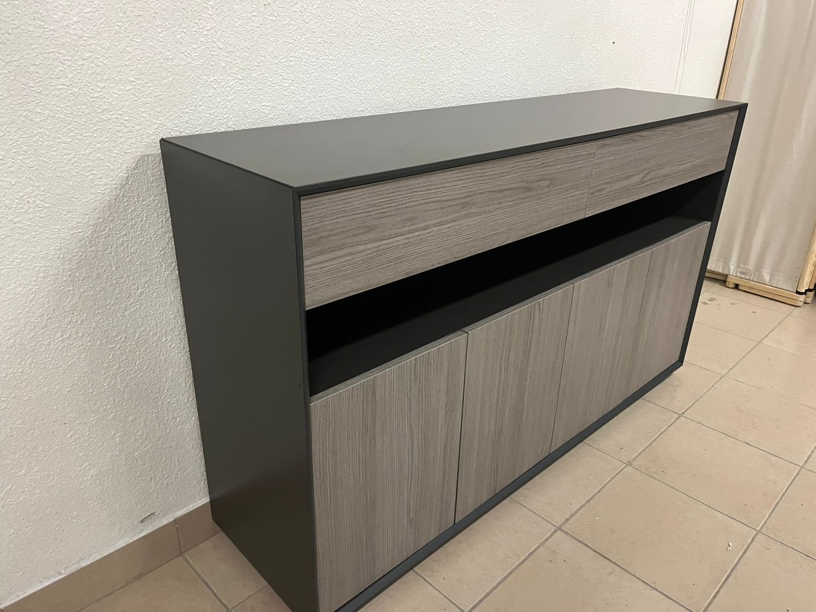Modern buffet with a low-profile design and gray wood finish - Image 5