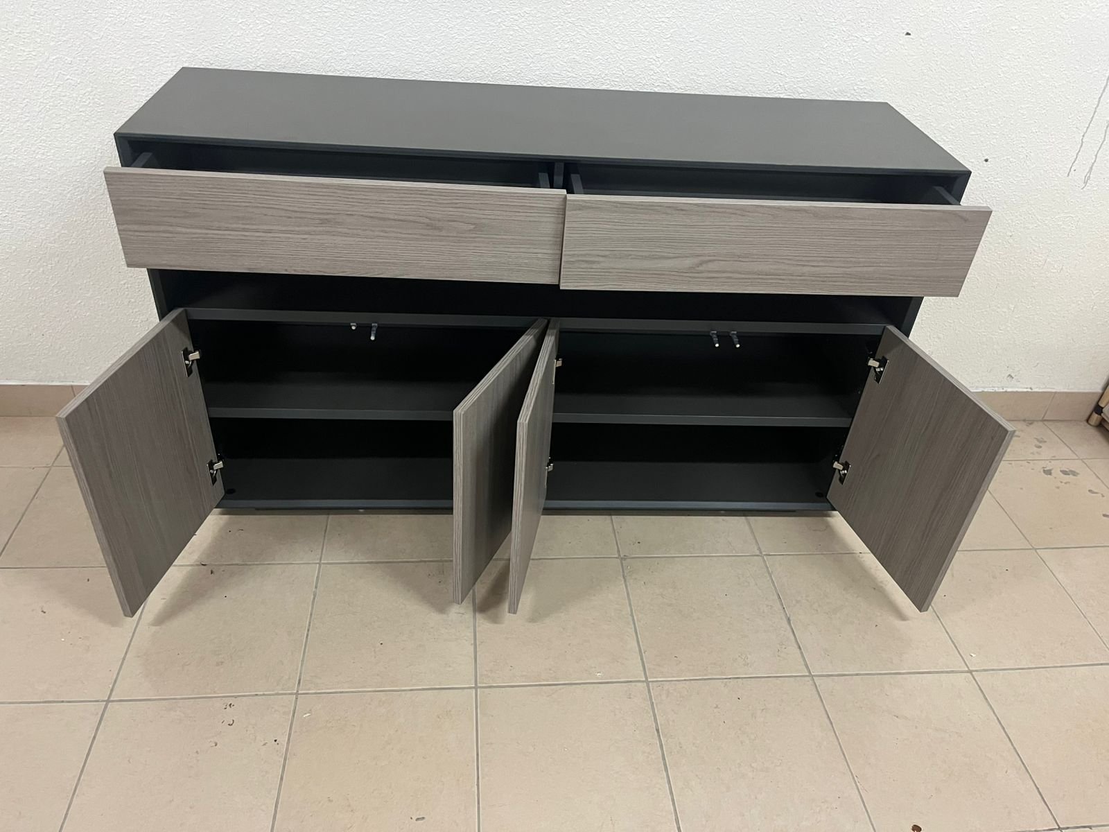 Modern buffet with a low-profile design and gray wood finish - Image 9