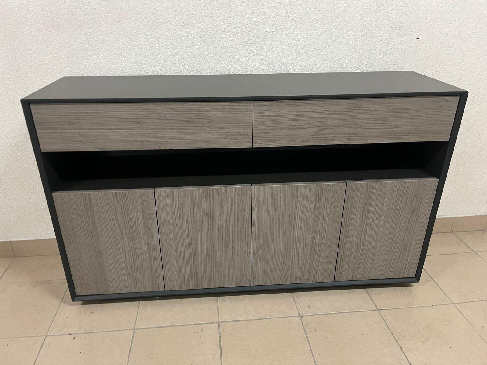 Modern buffet with a low-profile design and gray wood finish - Image 10