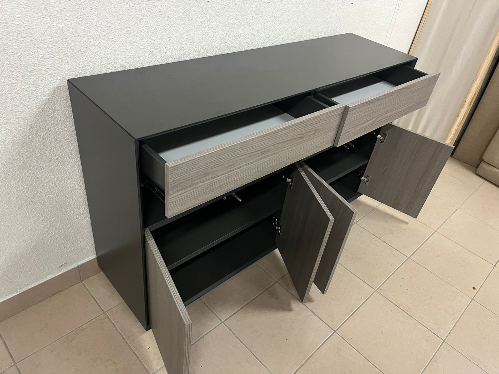 Modern buffet with a low-profile design and gray wood finish - Image 11