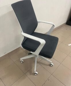 A gray office chair with a white frame and mesh back design.