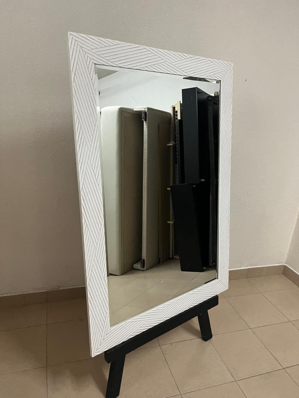 White floor mirror with a wooden frame featuring a zigzag pattern, available from the Homes r us brand.