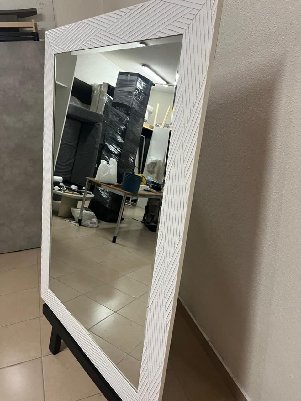 White floor mirror with a wooden frame featuring a zigzag pattern, available from the Homes r us brand. - Image 3