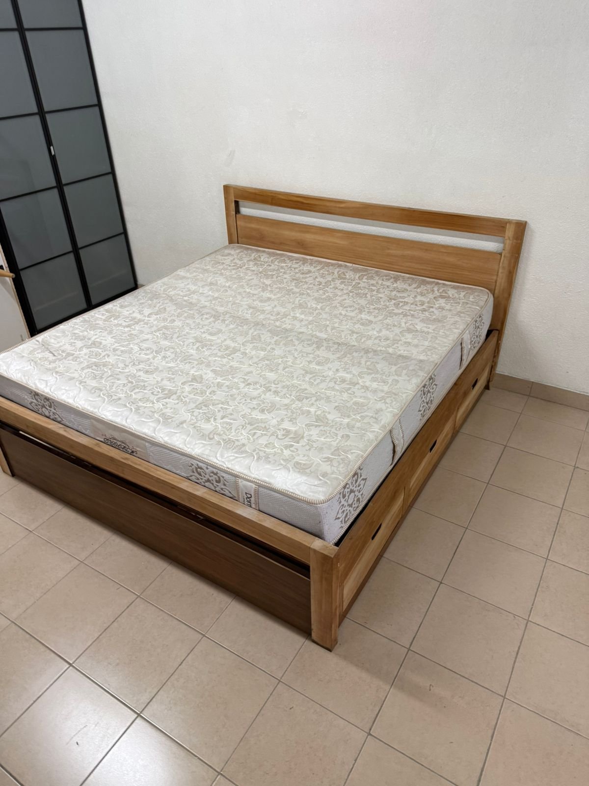 Natural wood bed with a modern design and built-in storage drawers - Image 2