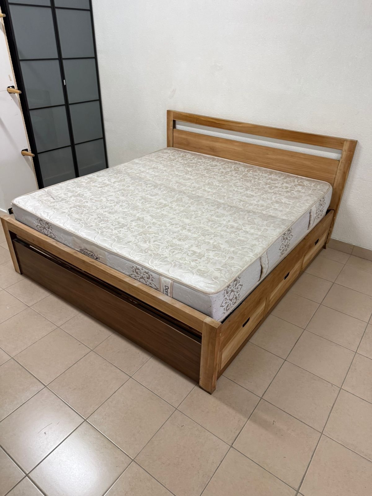 Natural wood bed with a modern design and built-in storage drawers - Image 4