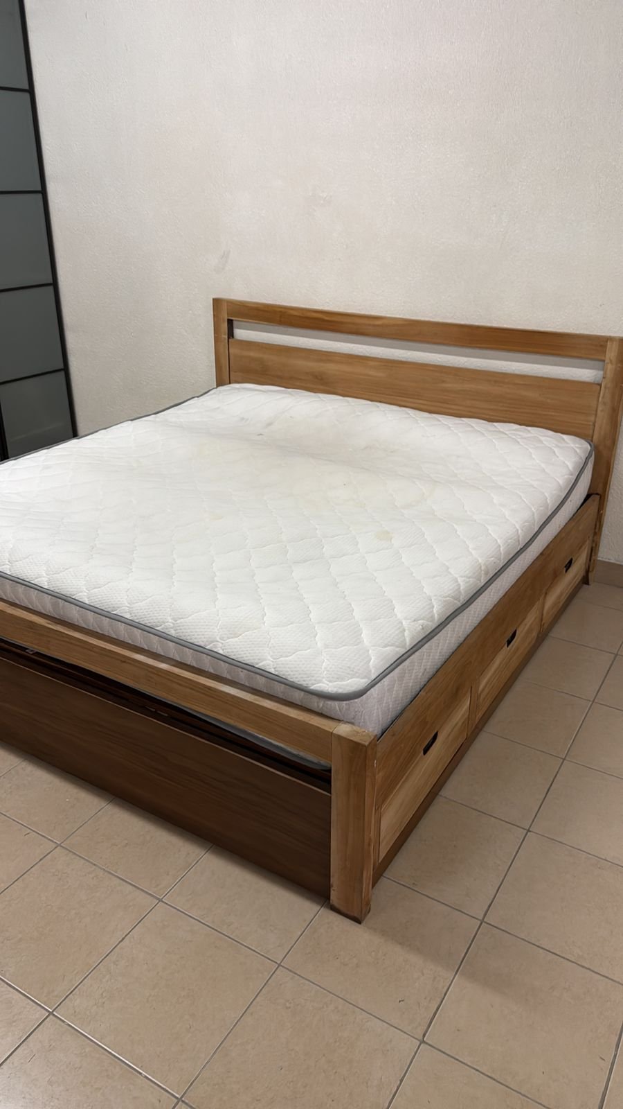 Natural wood bed with a modern design and built-in storage drawers - Image 7
